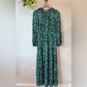 Boden Green Teal Floral Tiered Maxi Dress Long Sleeve Smocked Waist Pockets 4L